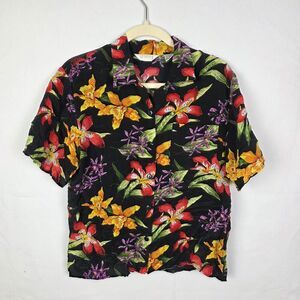 Vintage Sellecca Silk Tropical Floral Blouse Size 8 Black Hawaiian Resort Casual